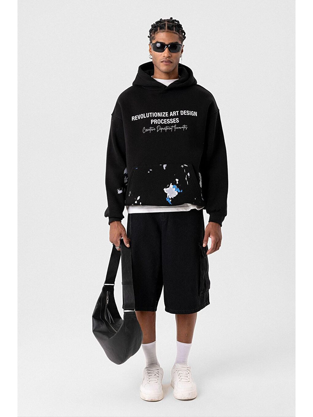 Renk Detaylı Oversize Kapüşonlu Sweatshirt Siyah-5