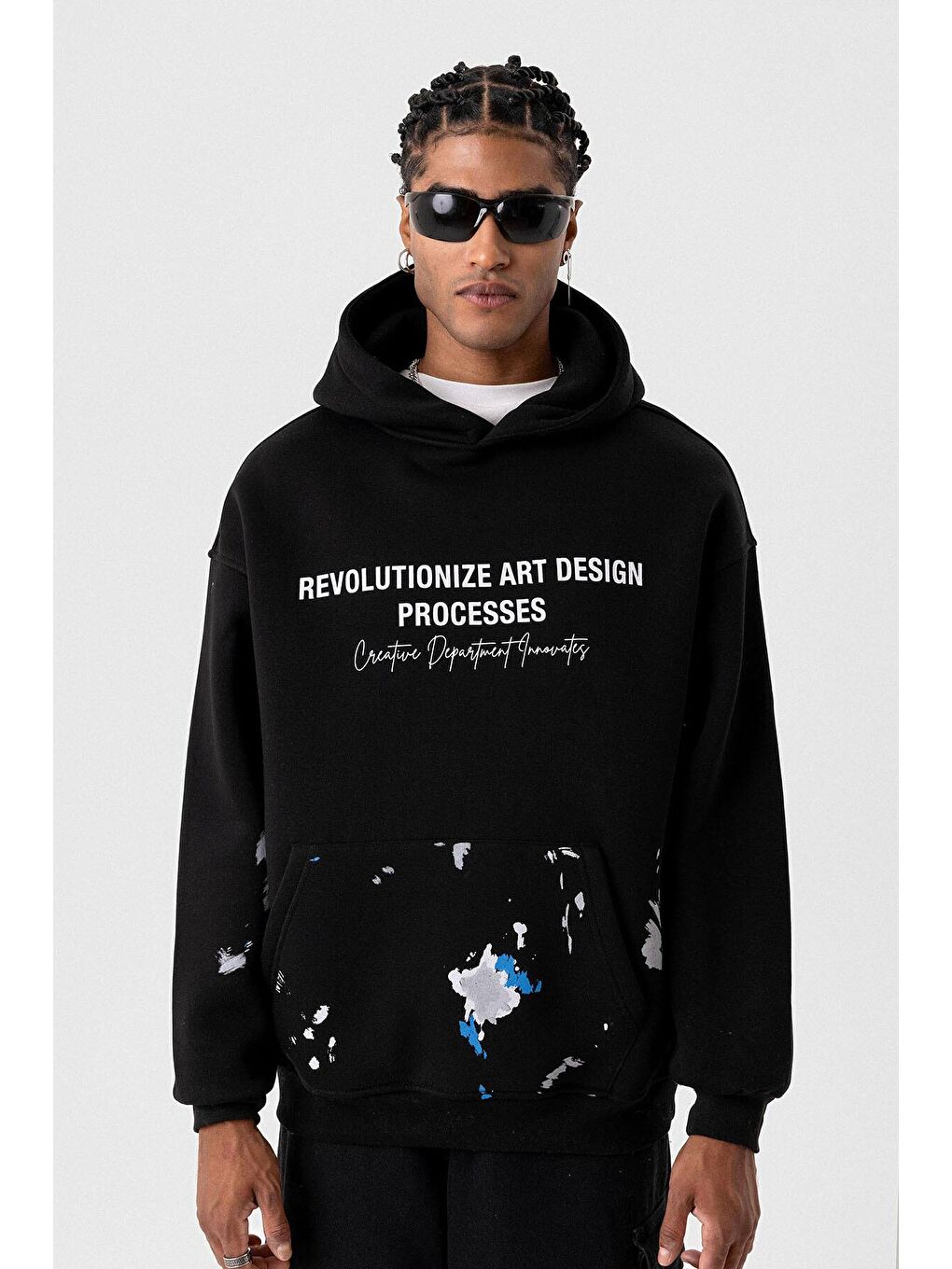 Renk Detaylı Oversize Kapüşonlu Sweatshirt Siyah-7