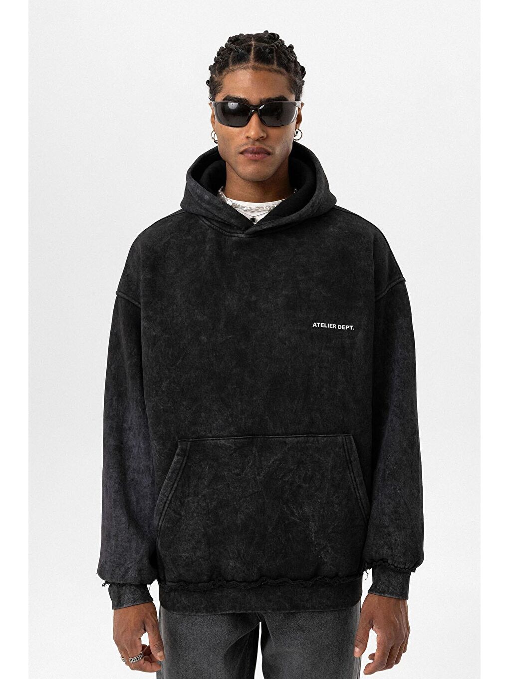 Yıkamalı Oversize Kapüşonlu Erkek Hoodie Siyah-5
