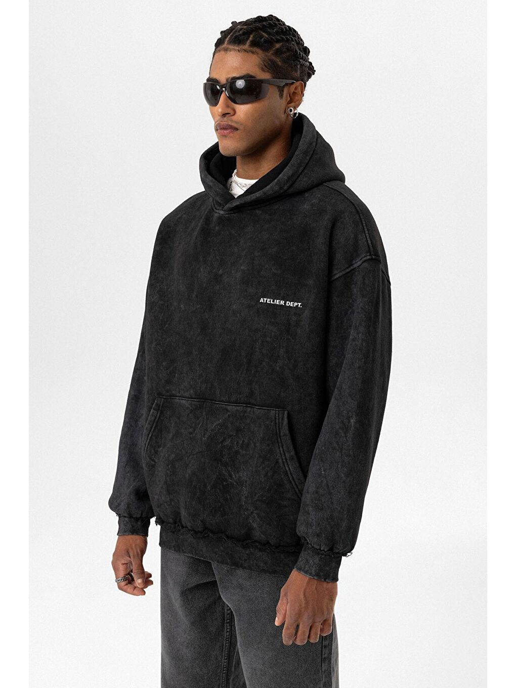 Yıkamalı Oversize Kapüşonlu Erkek Hoodie Siyah-7