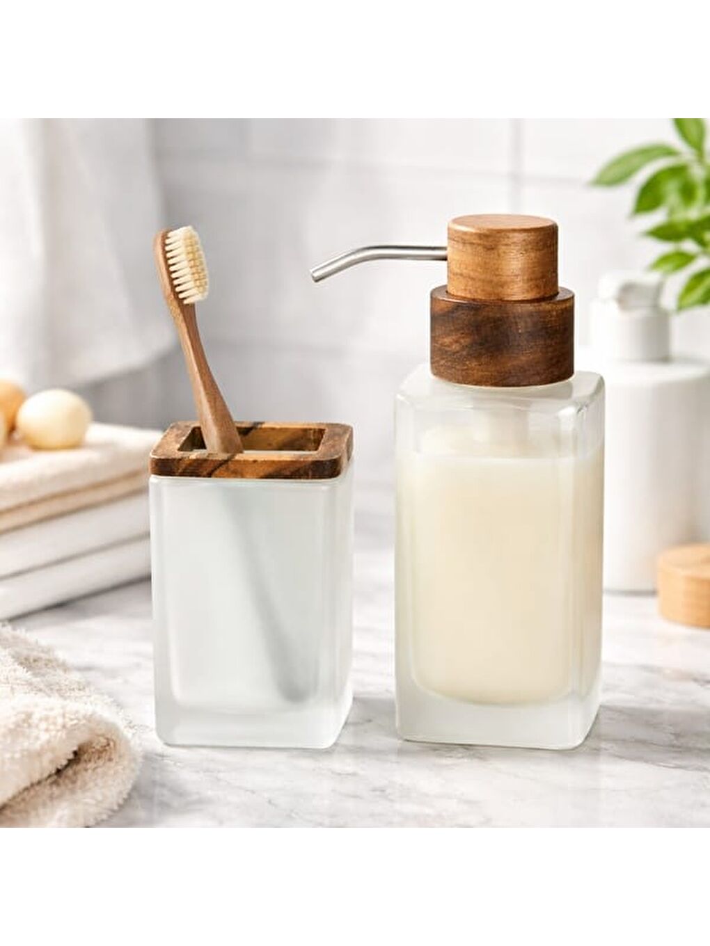 Bath Ahşap Detaylı 2'li Banyo Sıvı Sabunluk Seti - Beyaz / Kahverengi-1