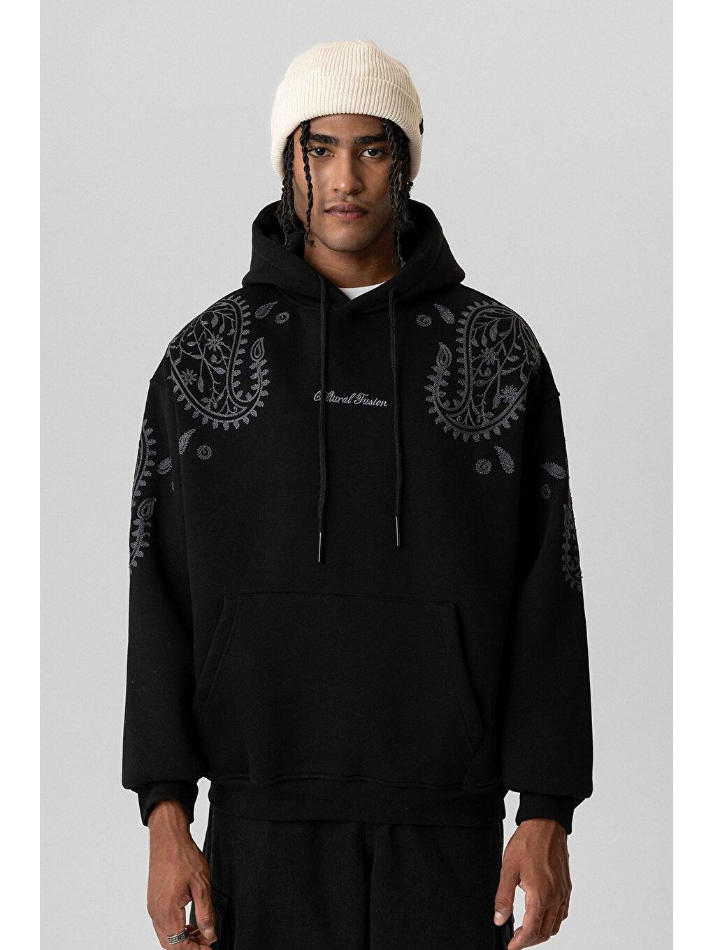 Desenli Oversize Erkek Kapüşonlu Sweatshirt Hoodie Siyah-2