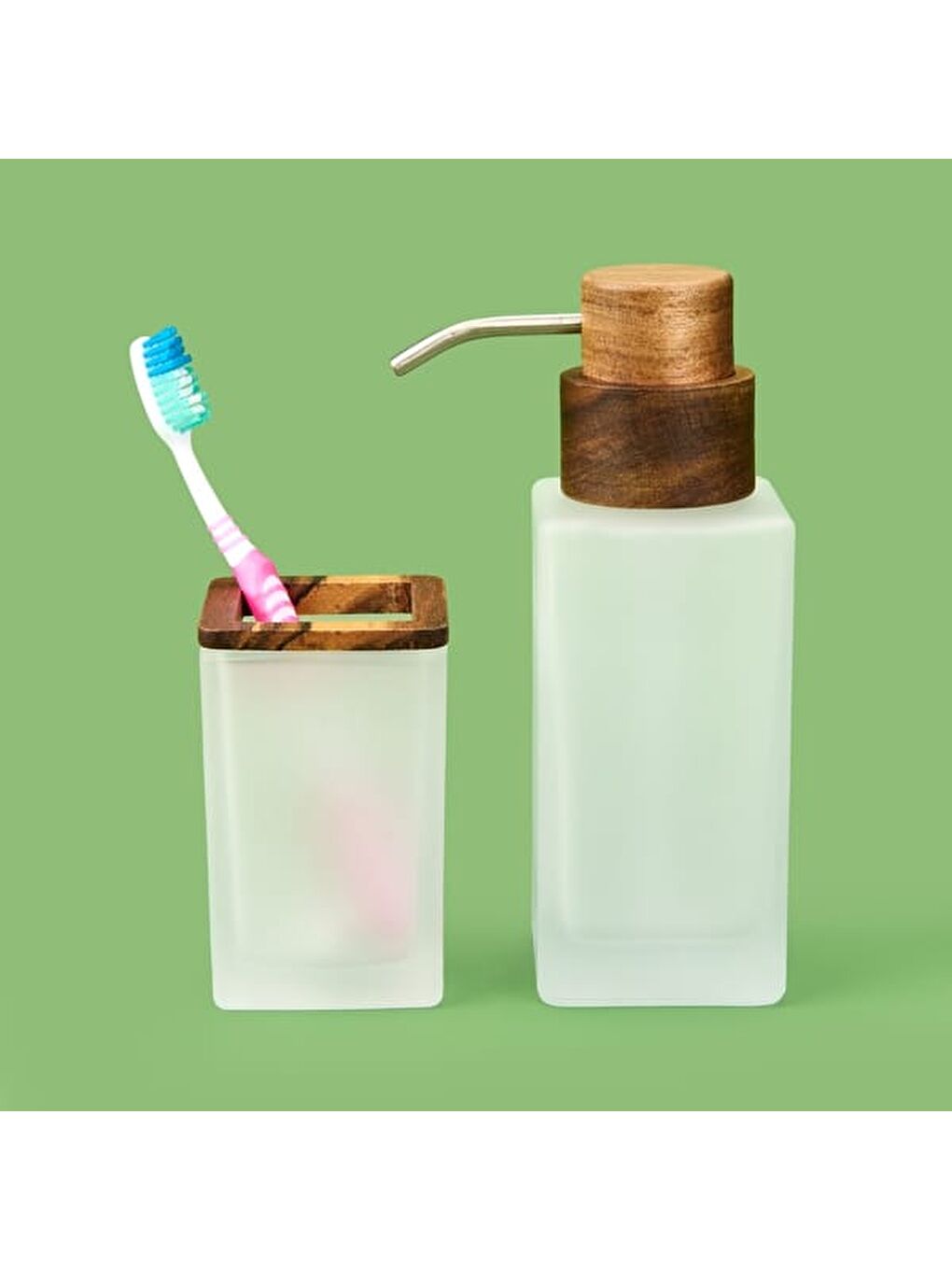 Bath Ahşap Detaylı 2'li Banyo Sıvı Sabunluk Seti - Beyaz / Kahverengi-7