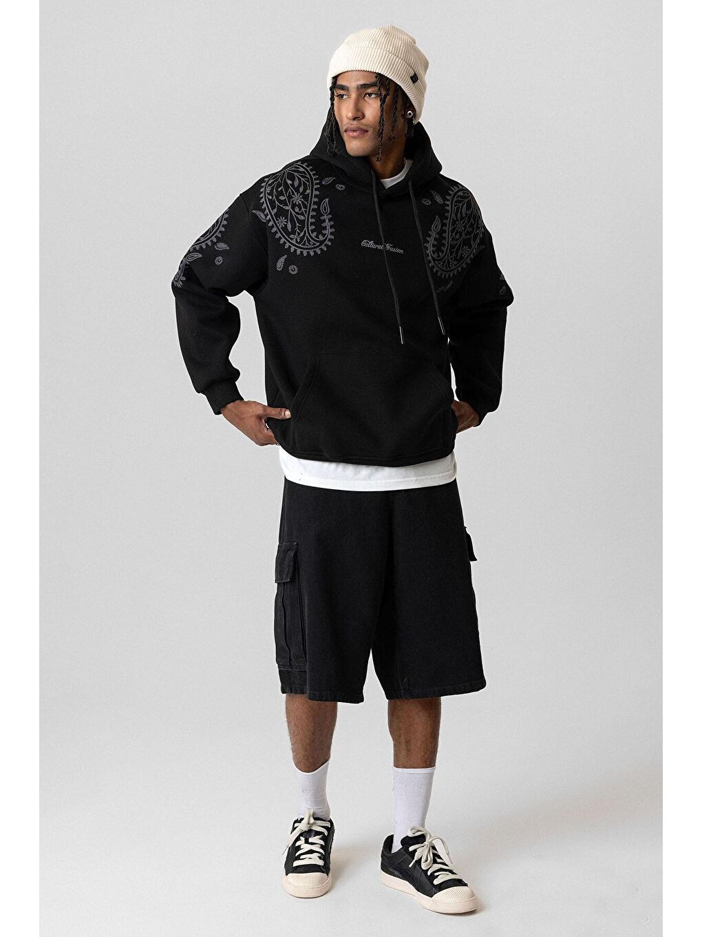 Desenli Oversize Erkek Kapüşonlu Sweatshirt Hoodie Siyah-4