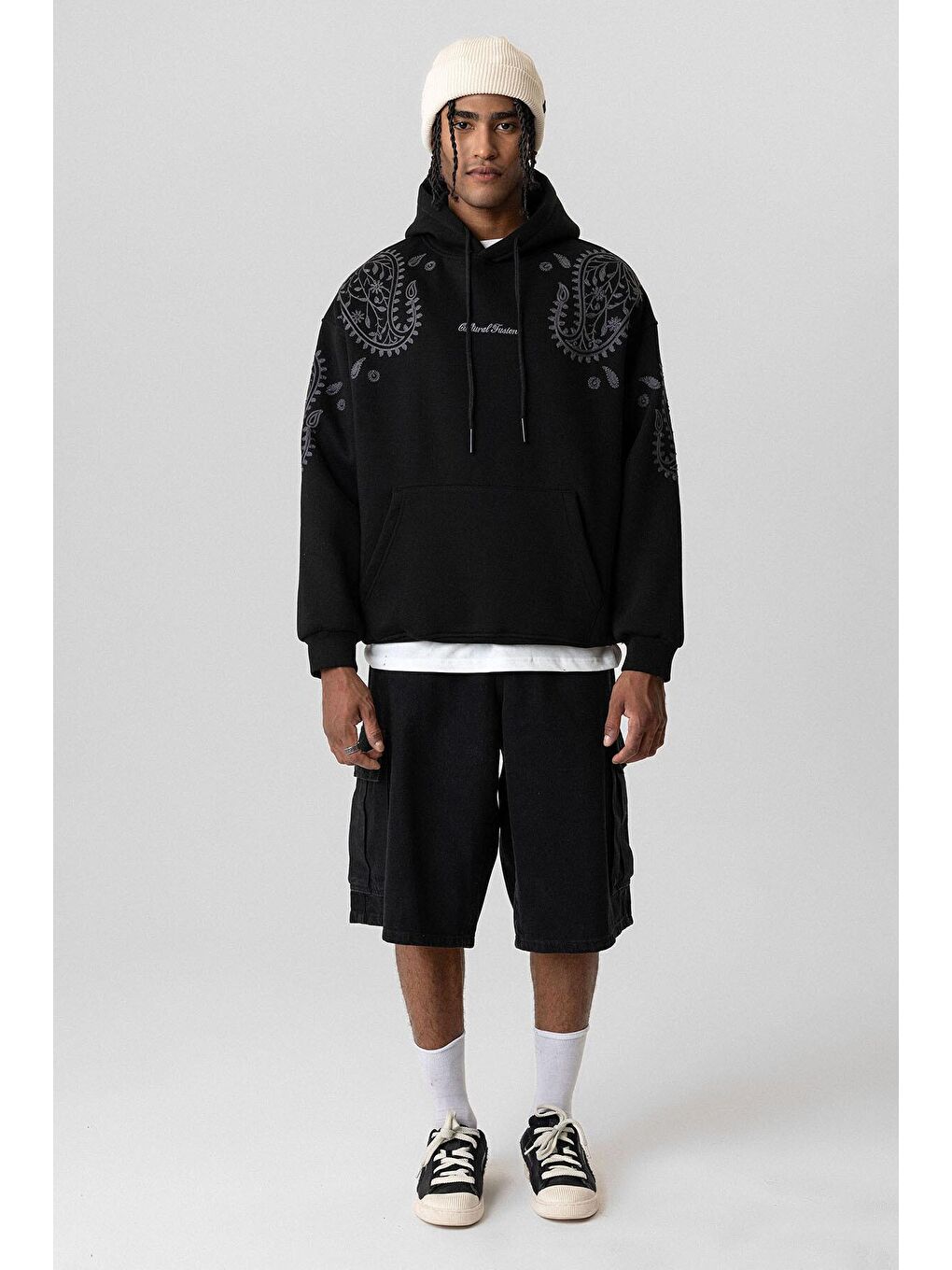 Desenli Oversize Erkek Kapüşonlu Sweatshirt Hoodie Siyah-5