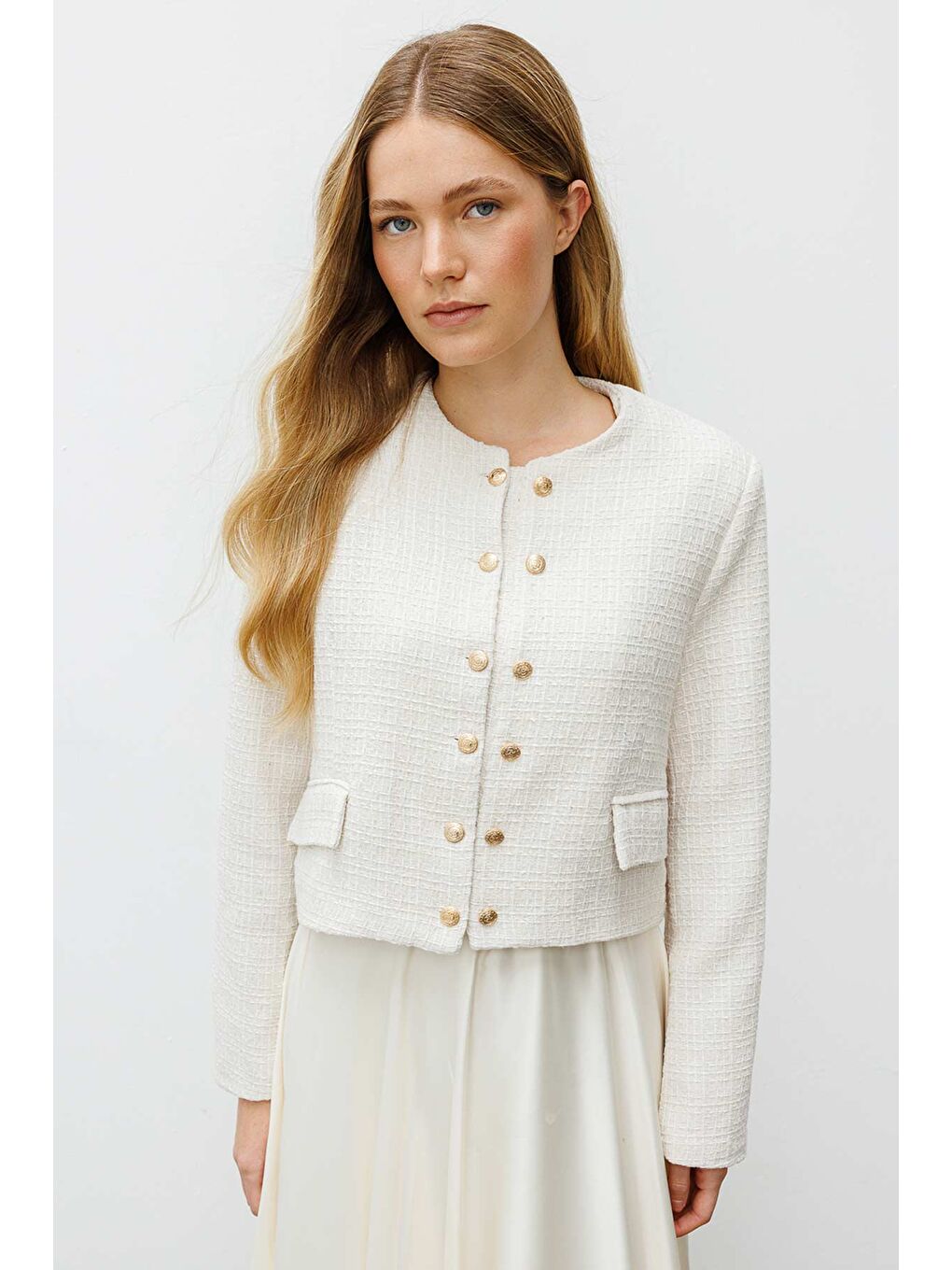 Ekru Gold Metal Düğmeli Krem Tüvit Ceket