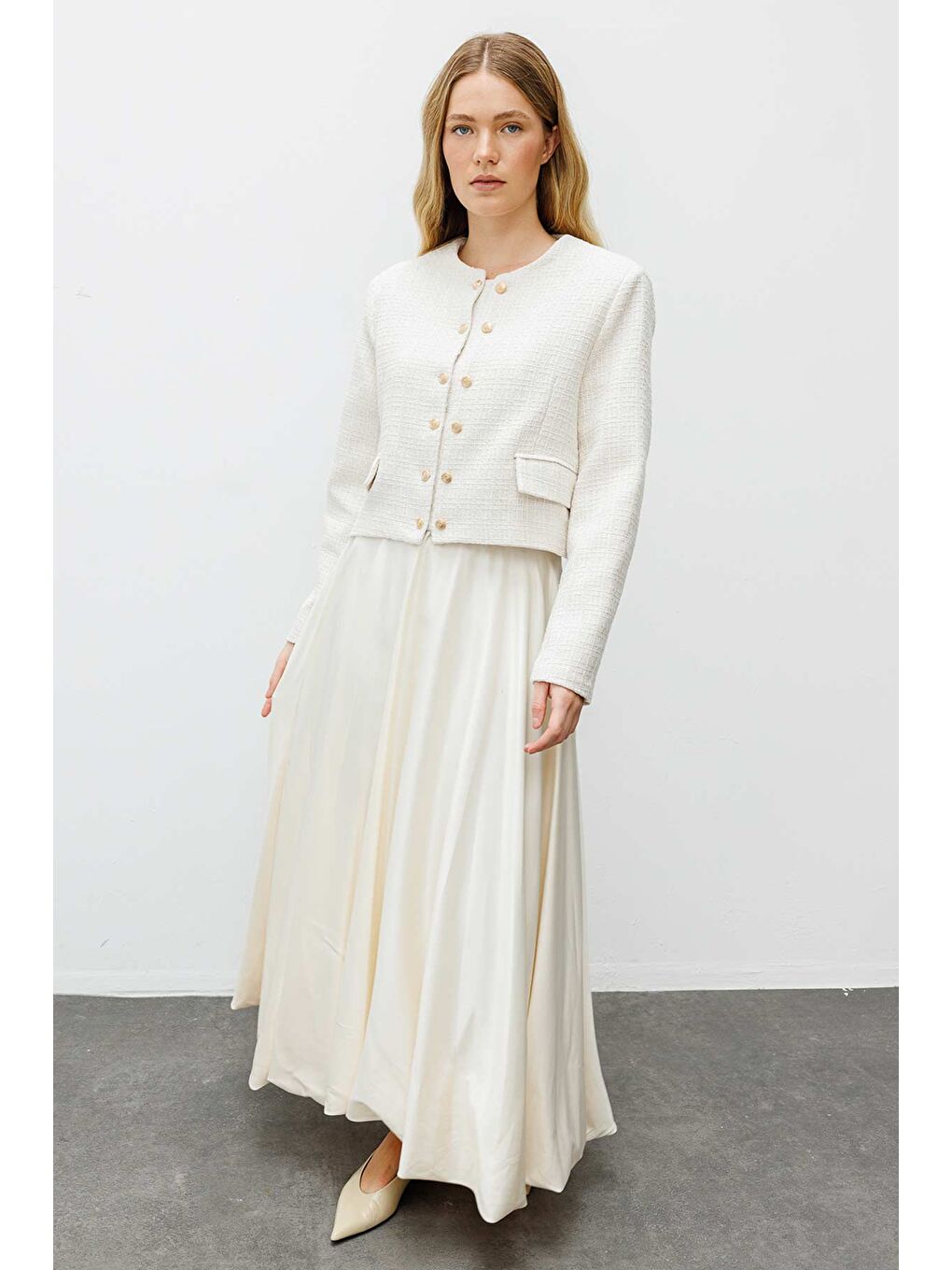 Ekru Gold Metal Düğmeli Krem Tüvit Ceket-1