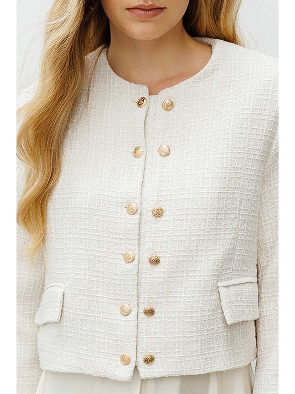 Ekru Gold Metal Düğmeli Krem Tüvit Ceket-2