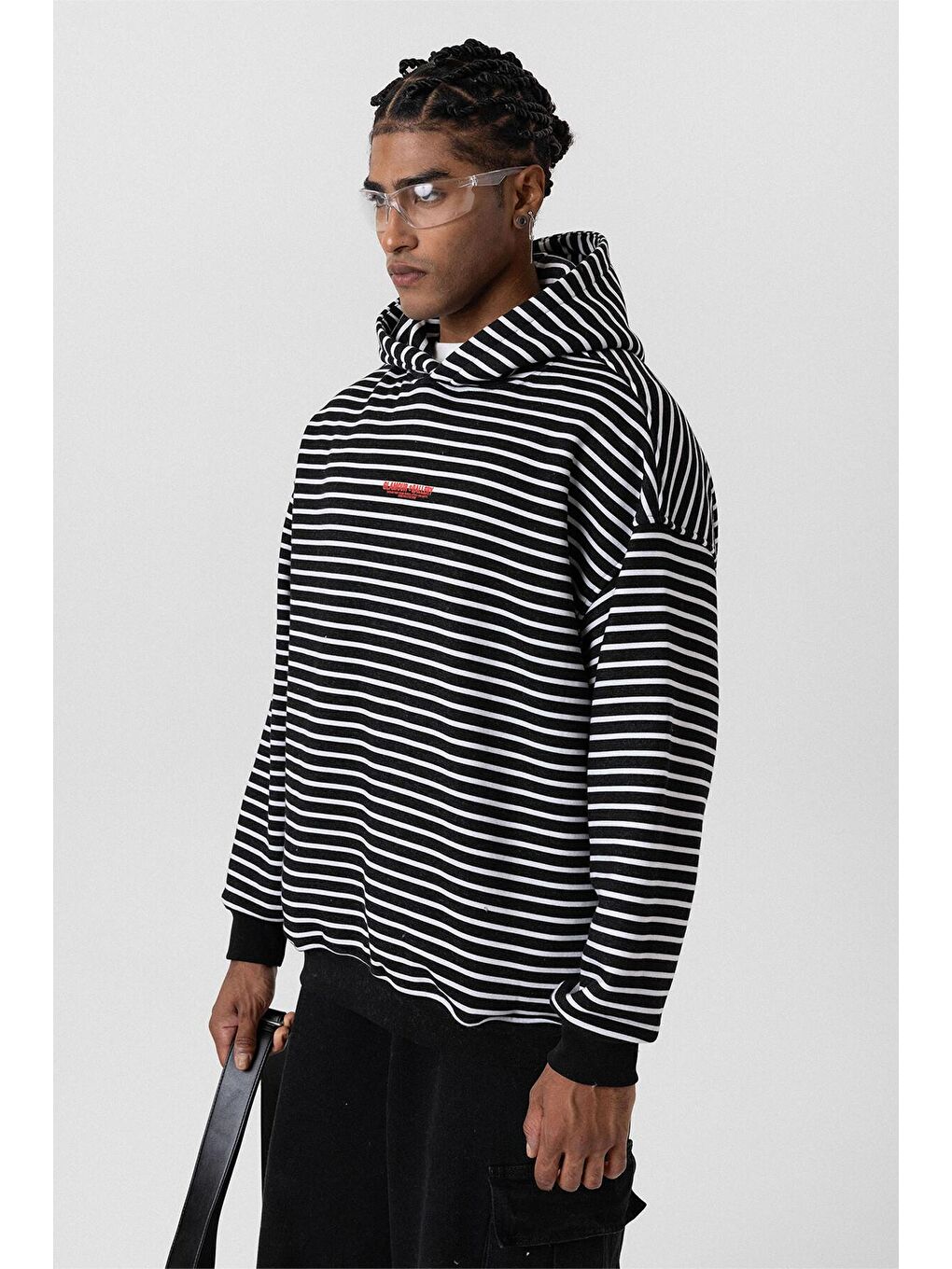 Yazı Detaylı Kapüşonlu Oversize Erkek Hoodie Siyah-6