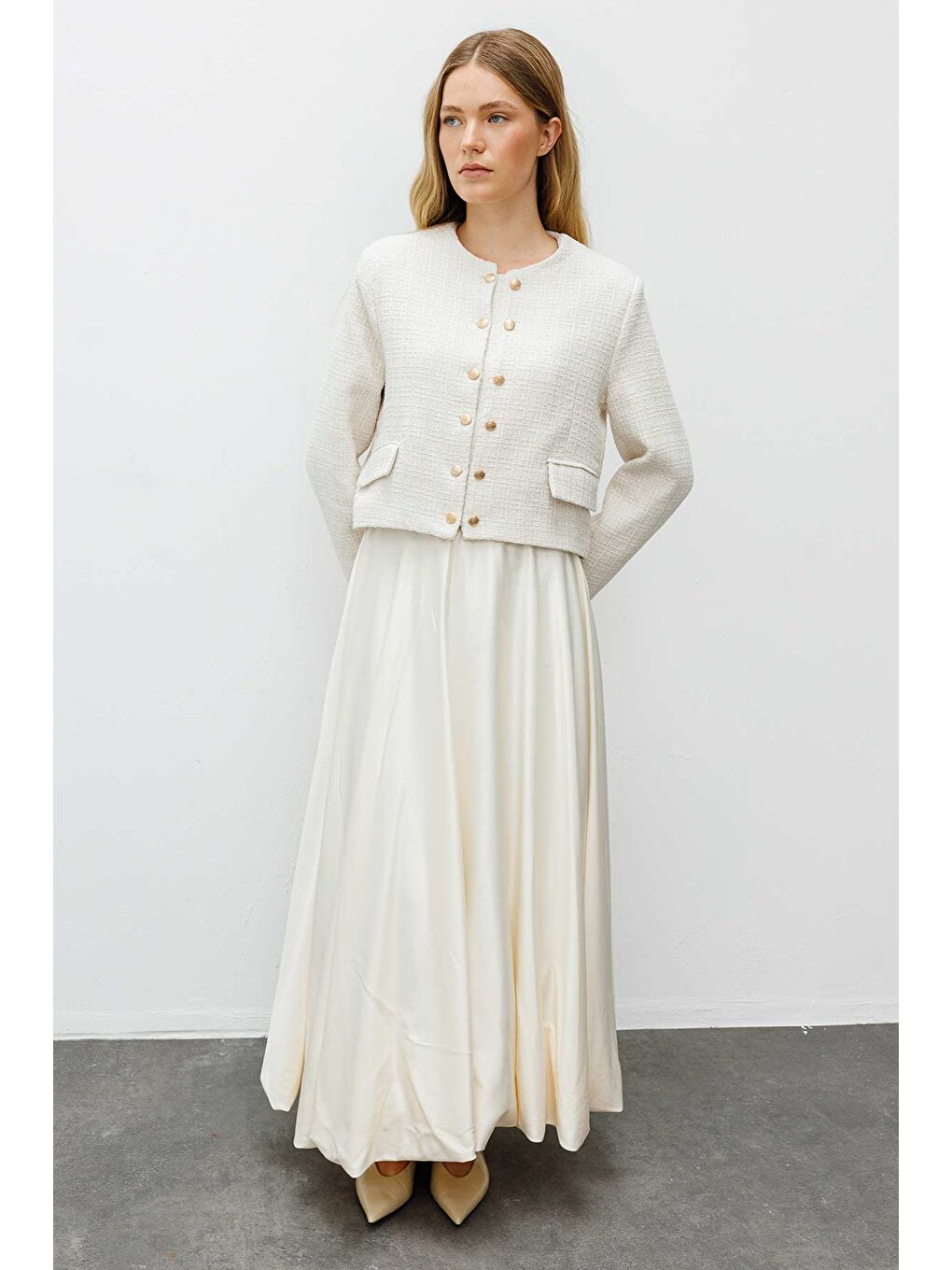 Ekru Gold Metal Düğmeli Krem Tüvit Ceket-3