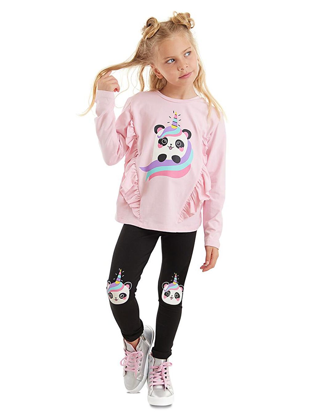 Denokids Siyah-Pembe Panda Unicorn Kız Çocuk T-shirt Tayt Takım