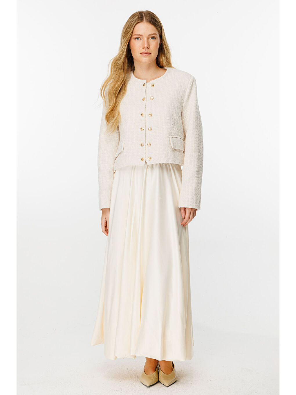 Ekru Gold Metal Düğmeli Krem Tüvit Ceket-4