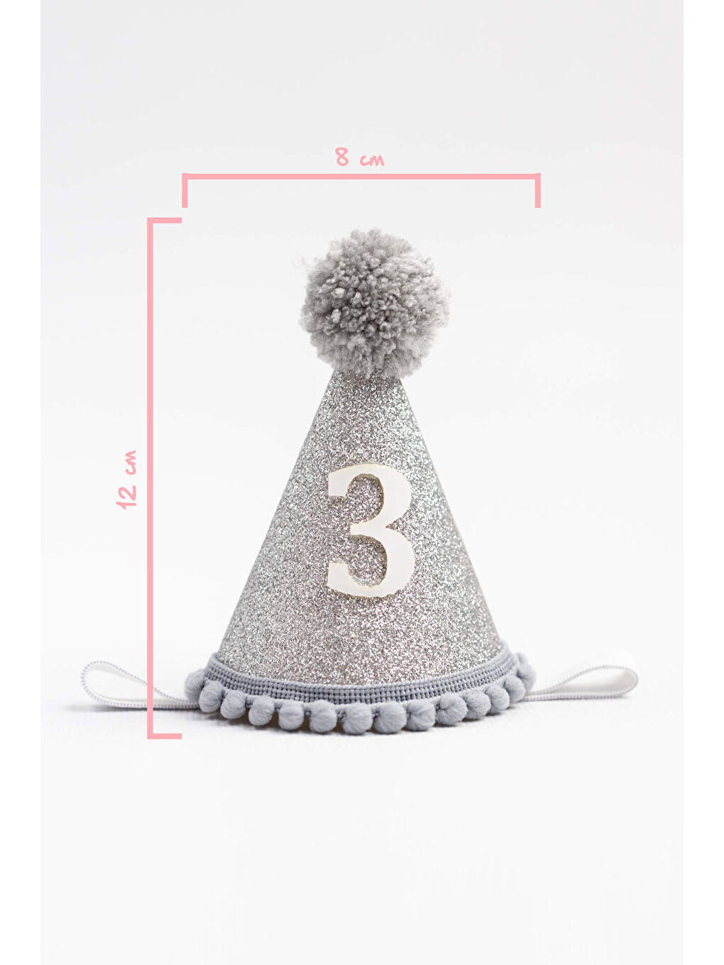 Gri 3 Yaş Ponponlu Huni Doğum Günü Tacı-1