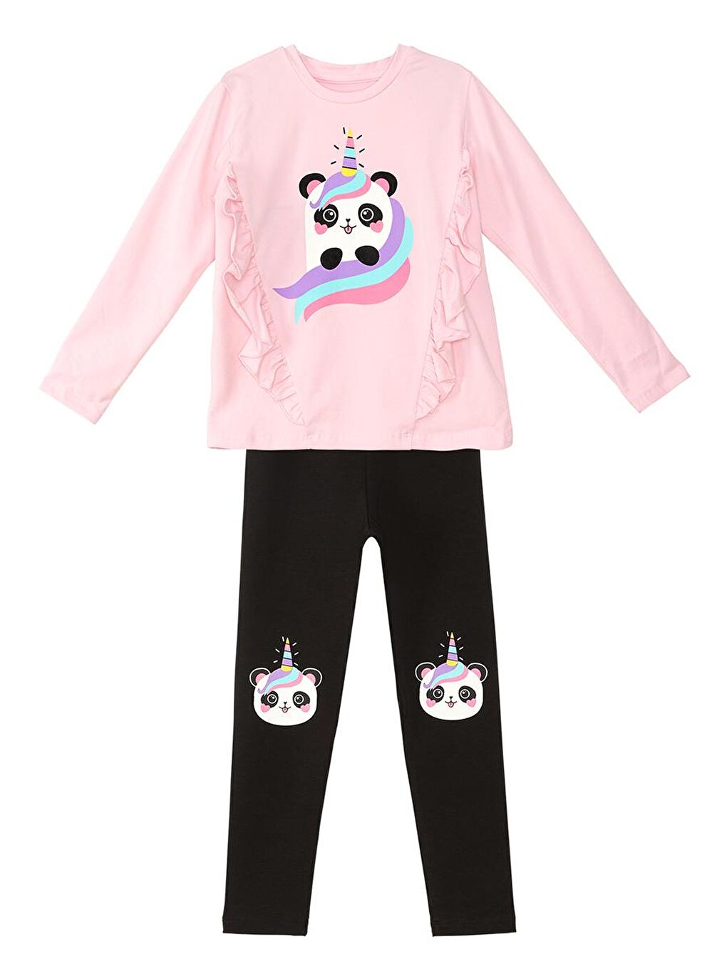 Denokids Siyah-Pembe Panda Unicorn Kız Çocuk T-shirt Tayt Takım - 2