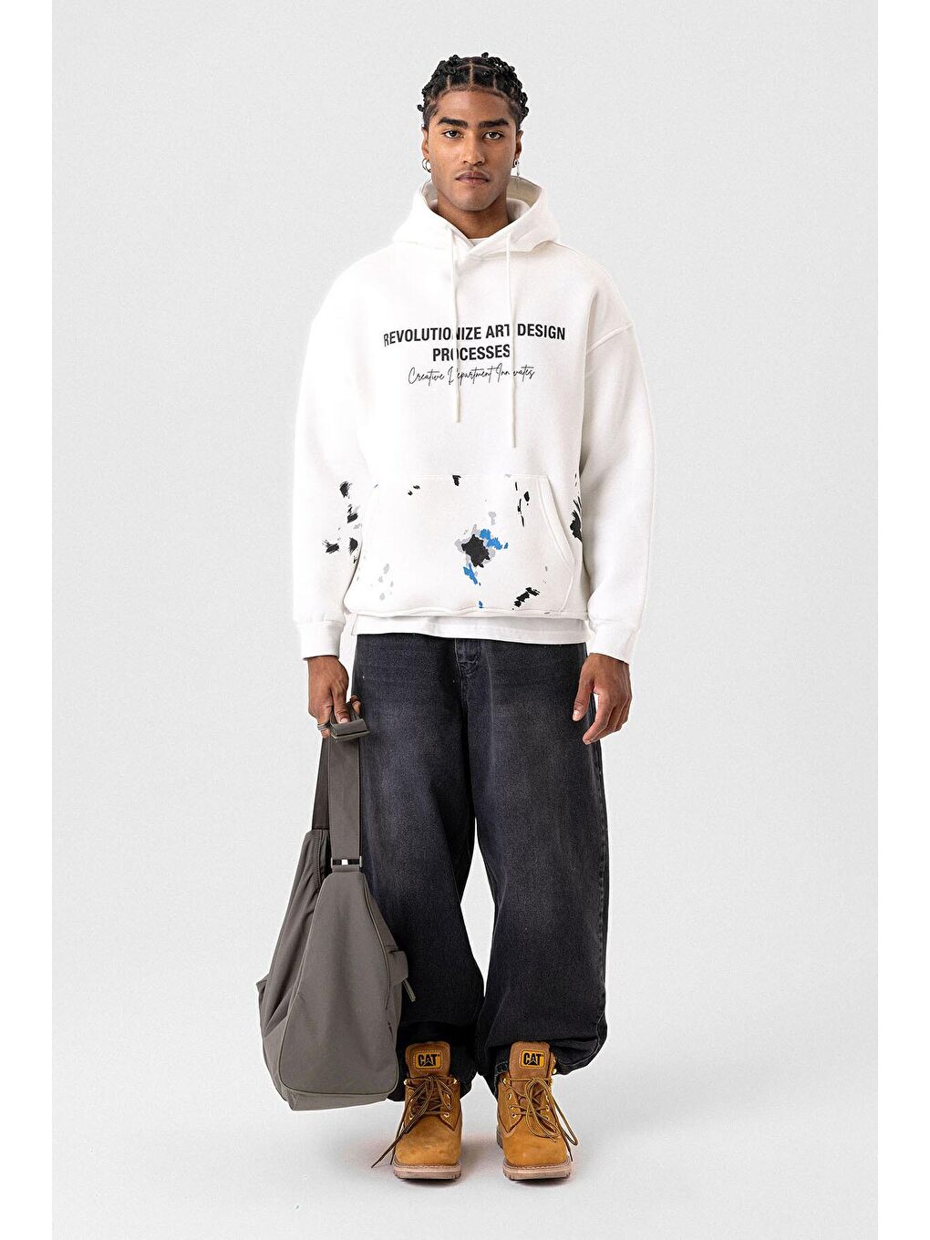 Renk Detaylı Oversize Kapüşonlu Sweatshirt Ekru