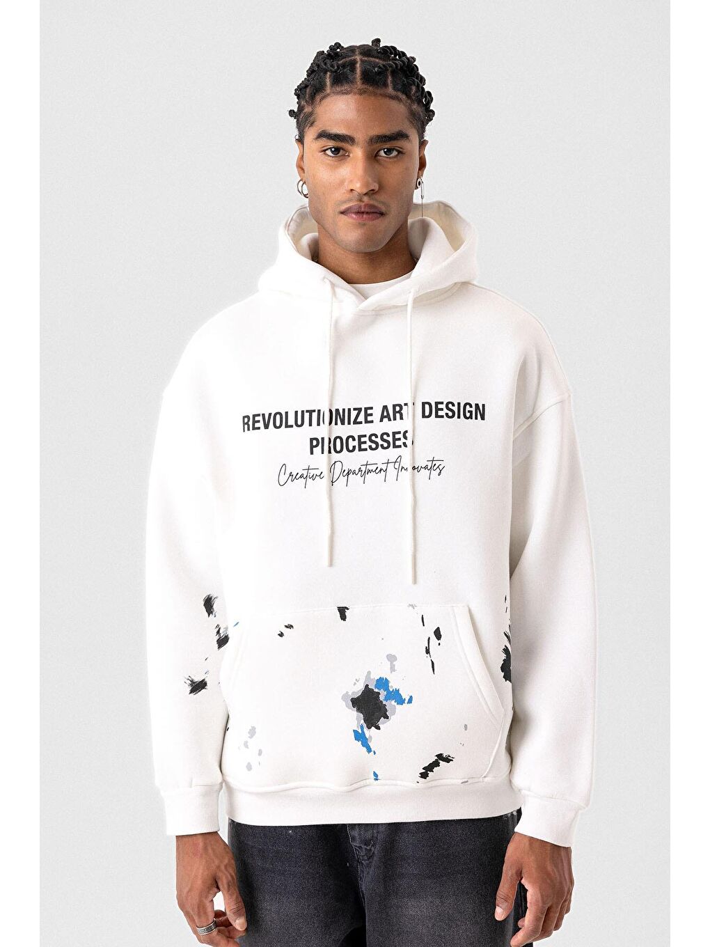 Renk Detaylı Oversize Kapüşonlu Sweatshirt Ekru-2