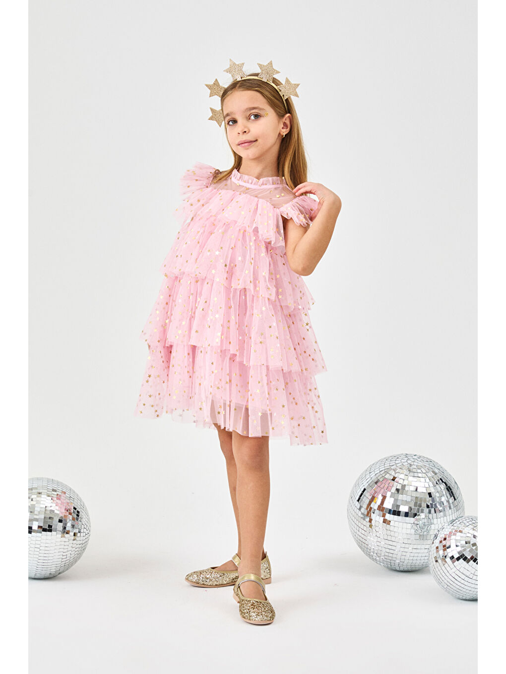 Pembe Yıldızlı Katlı Kız Çocuk Tül Elbise - Essie-1