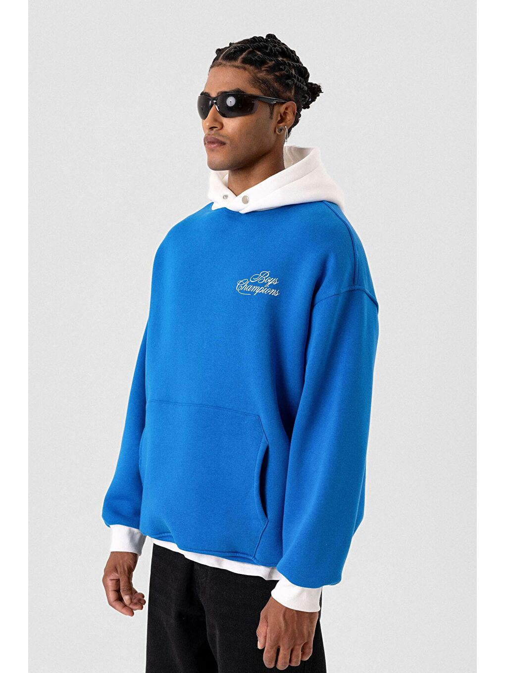 Yazı Detaylı Oversize Kapüşonlu Sweatshirt Turkuaz-4
