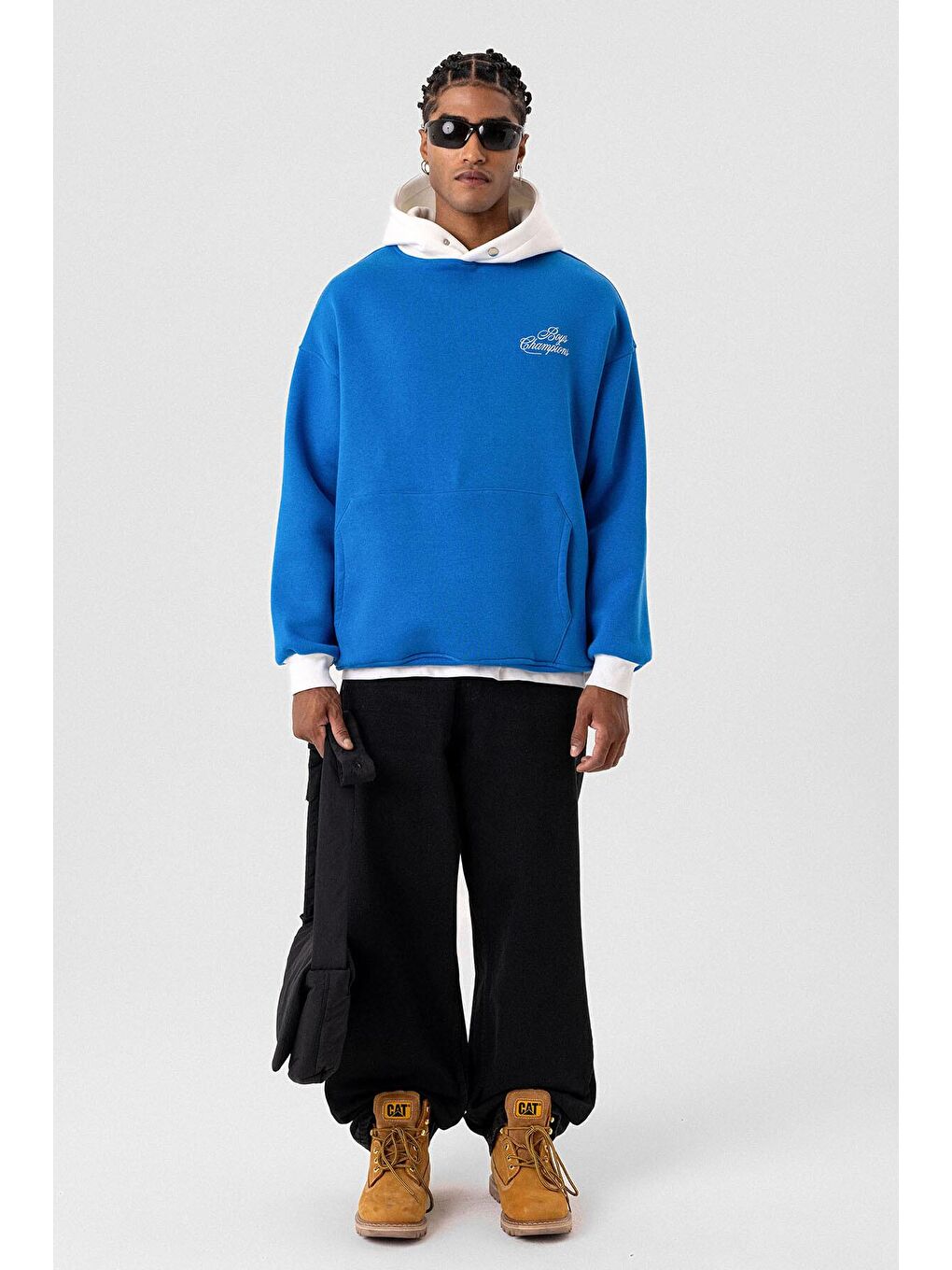 Yazı Detaylı Oversize Kapüşonlu Sweatshirt Turkuaz-5