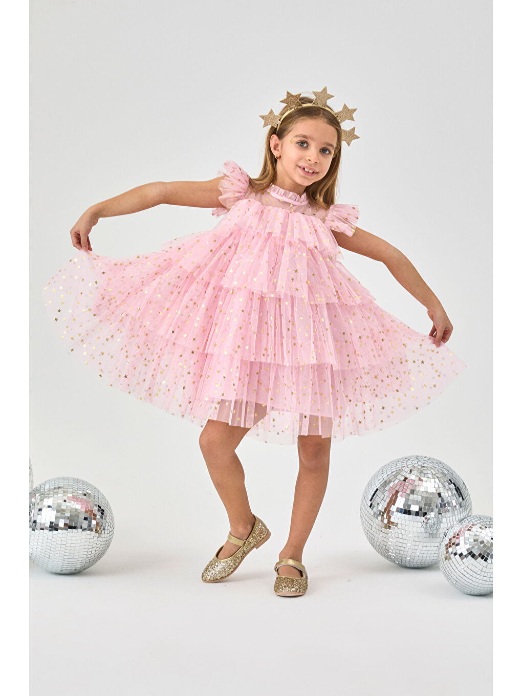 Pembe Yıldızlı Katlı Kız Çocuk Tül Elbise - Essie-2