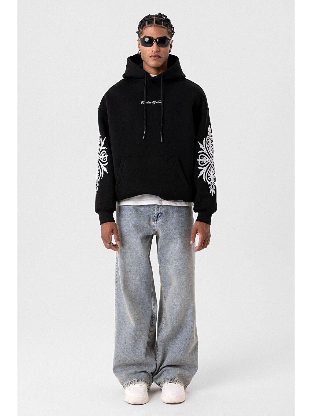 Desenli Oversize Erkek Kapüşonlu Sweatshirt Hoodie Siyah