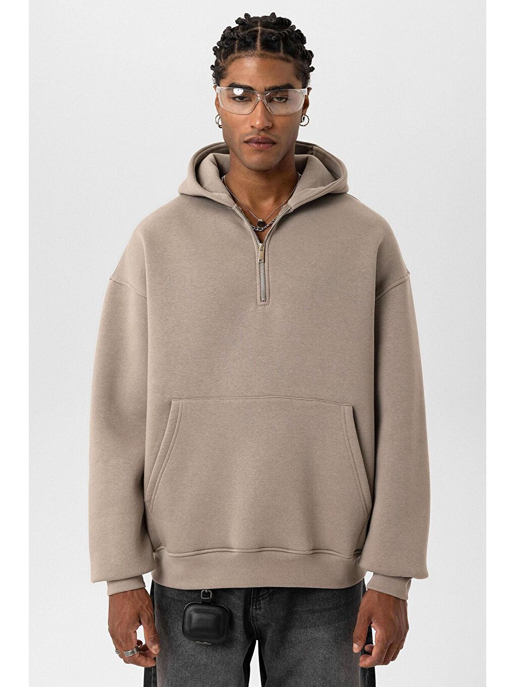 Bej Basic Oversize Fermuar Detaylı Kapüşonlu  Erkek Hoodie