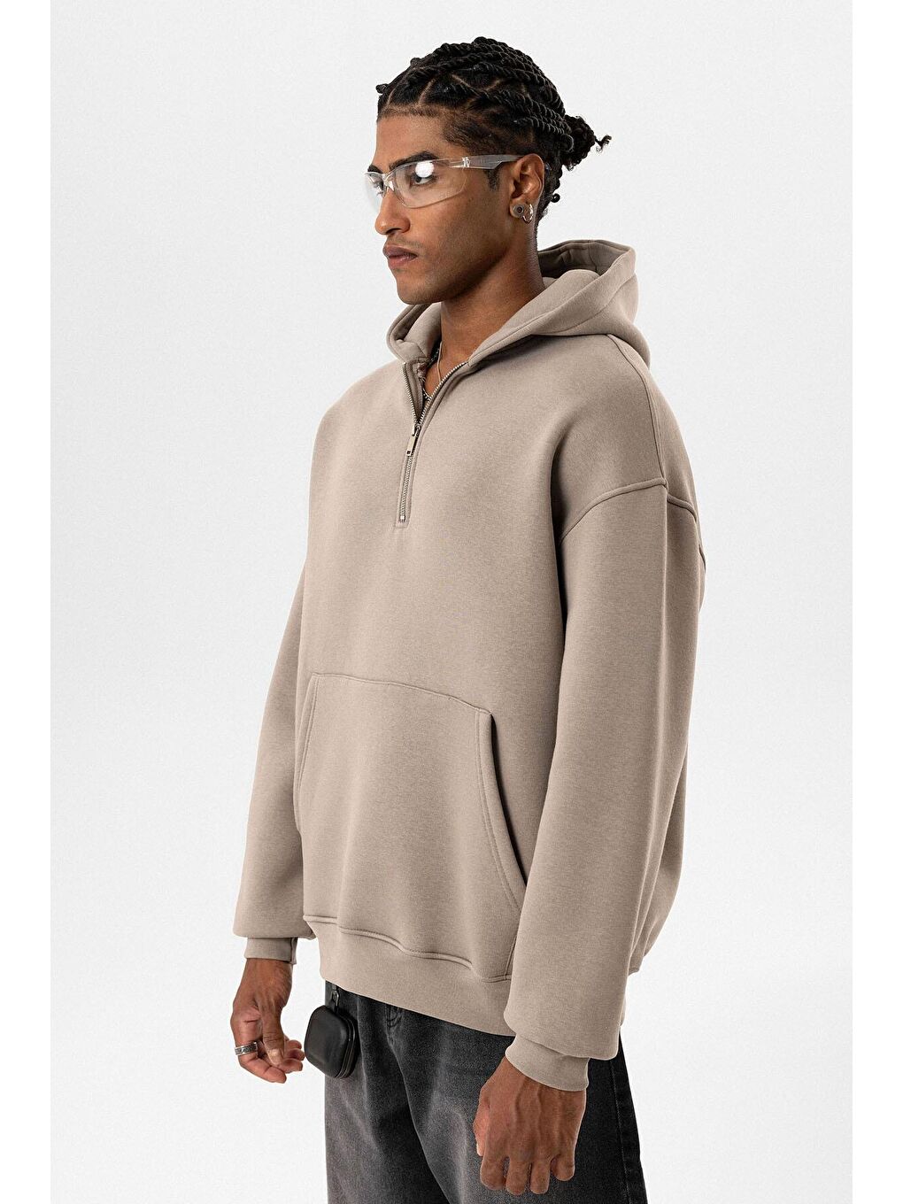 Bej Basic Oversize Fermuar Detaylı Kapüşonlu  Erkek Hoodie-2