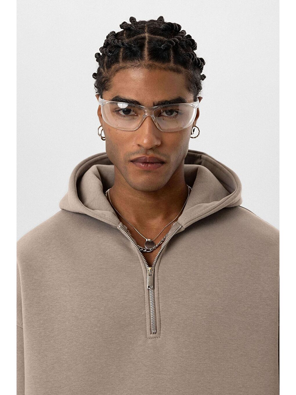 Bej Basic Oversize Fermuar Detaylı Kapüşonlu  Erkek Hoodie-3
