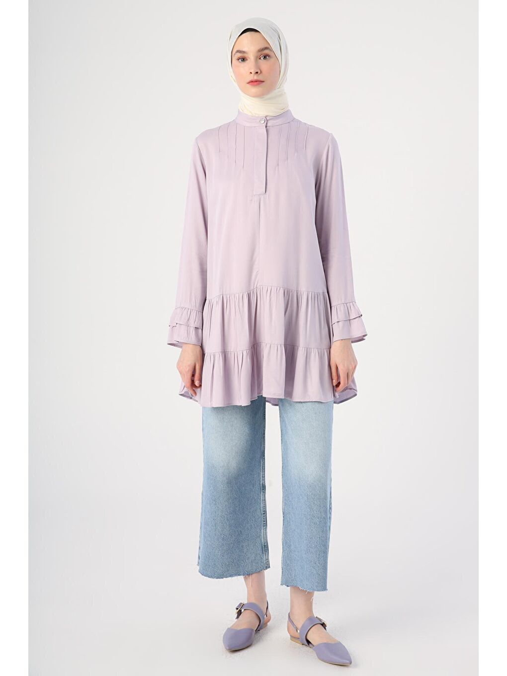 Açık Lila Hakim Yaka Yarım Patlı Volan Kollu Tunik-1