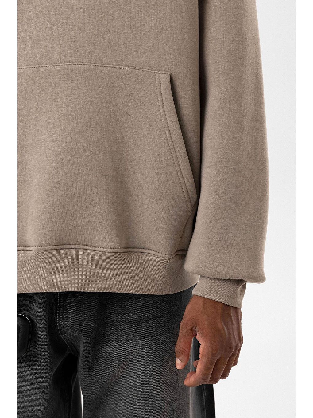Bej Basic Oversize Fermuar Detaylı Kapüşonlu  Erkek Hoodie-4