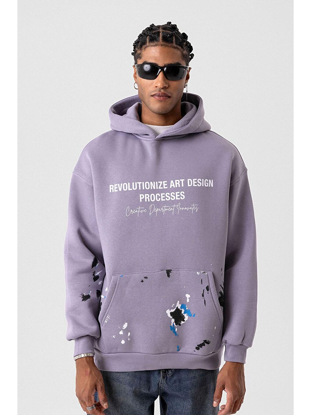 Renk Detaylı Oversize Kapüşonlu Sweatshirt Lila-2