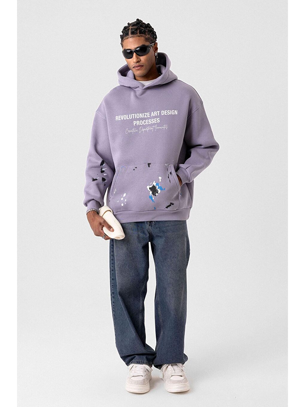 Renk Detaylı Oversize Kapüşonlu Sweatshirt Lila-3