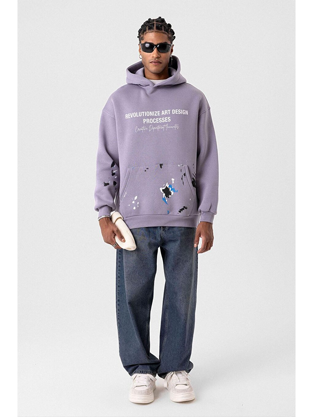 Renk Detaylı Oversize Kapüşonlu Sweatshirt Lila-5