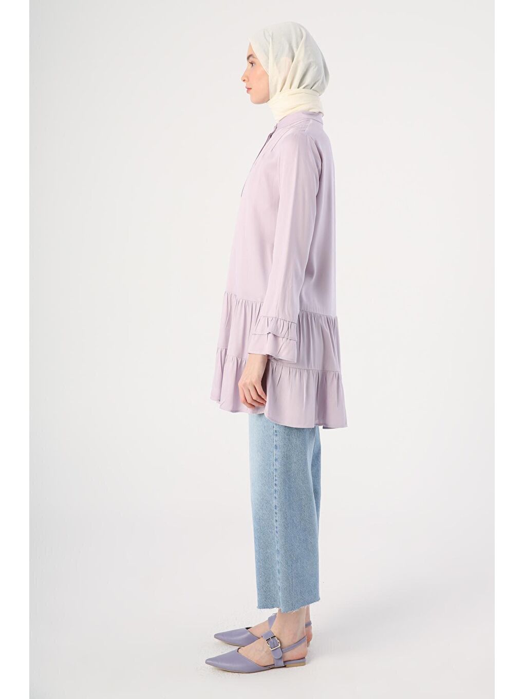 Açık Lila Hakim Yaka Yarım Patlı Volan Kollu Tunik-2