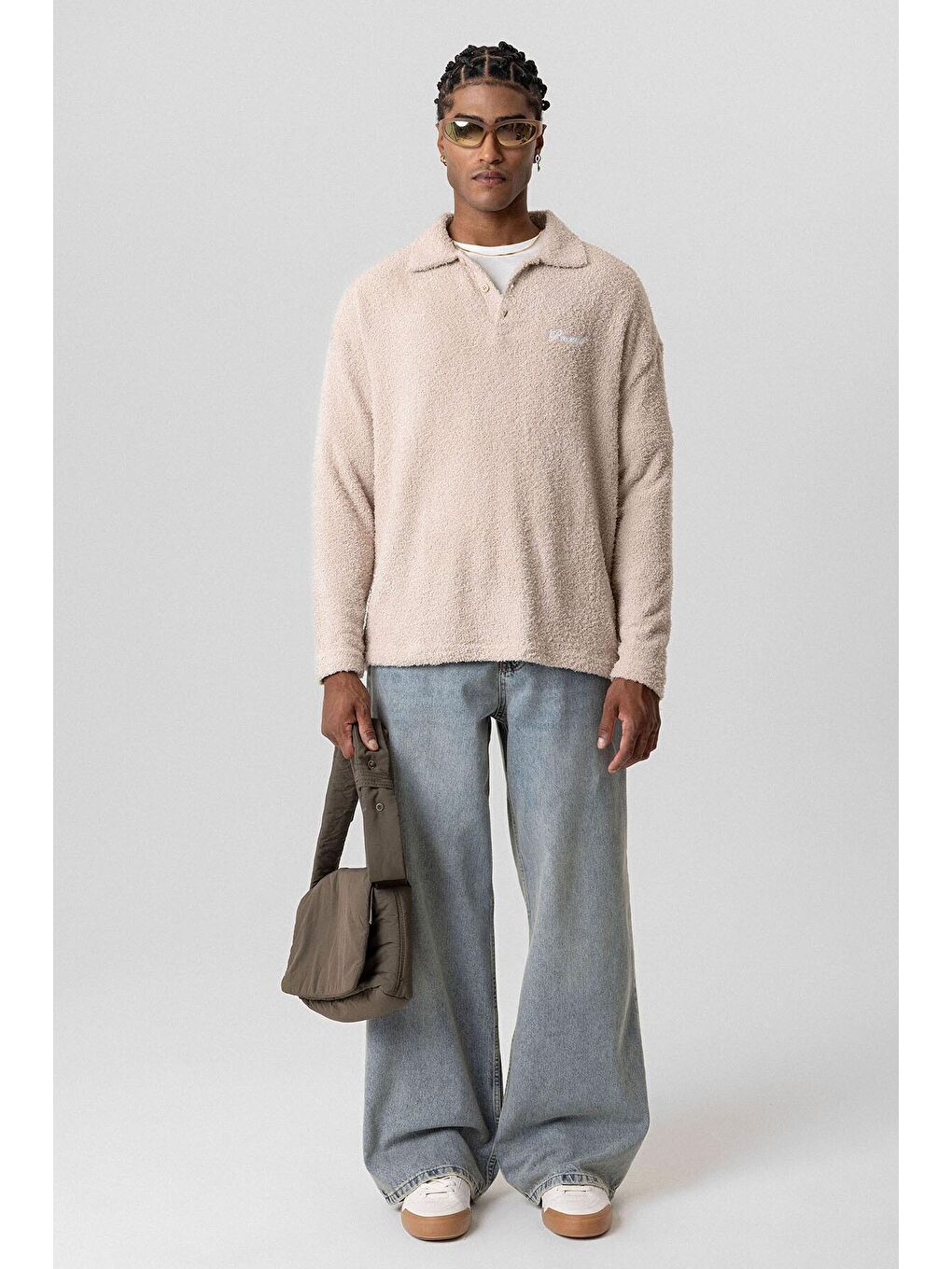 Bej Yazı Detaylı Oversize Sweatshirt Taş