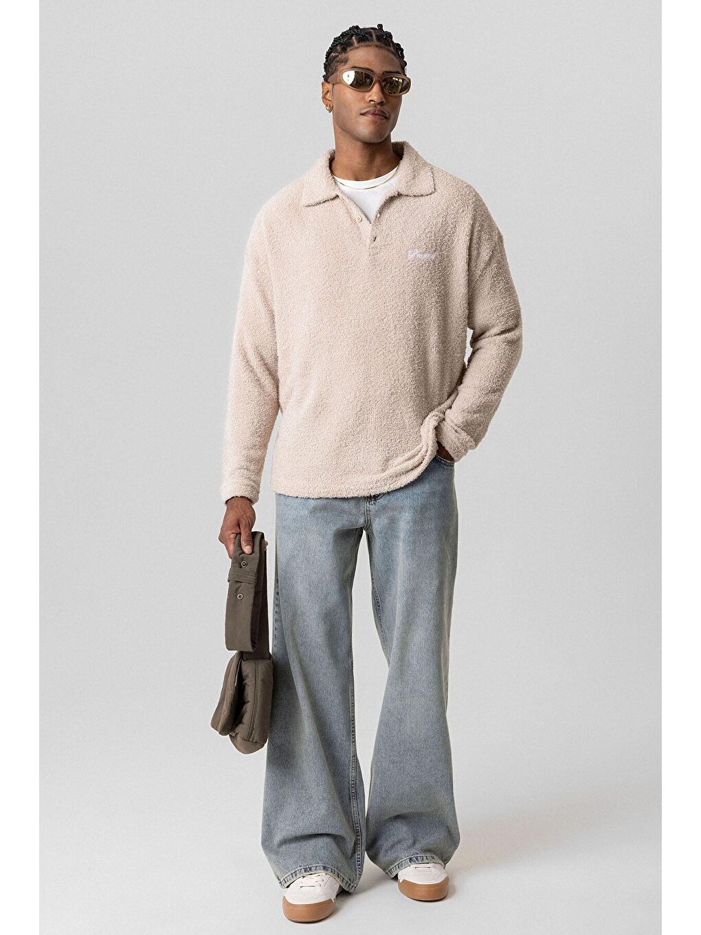 Bej Yazı Detaylı Oversize Sweatshirt Taş-3