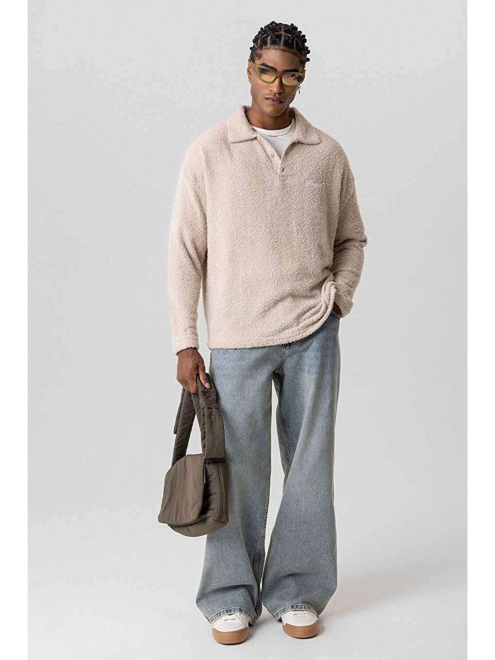 Bej Yazı Detaylı Oversize Sweatshirt Taş-4