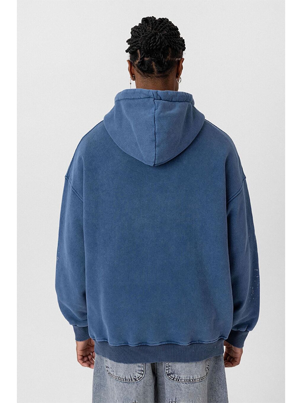 Yıkamalı Kapüşonlu Oversıze Erkek Hoodie Koyu İndigo-3