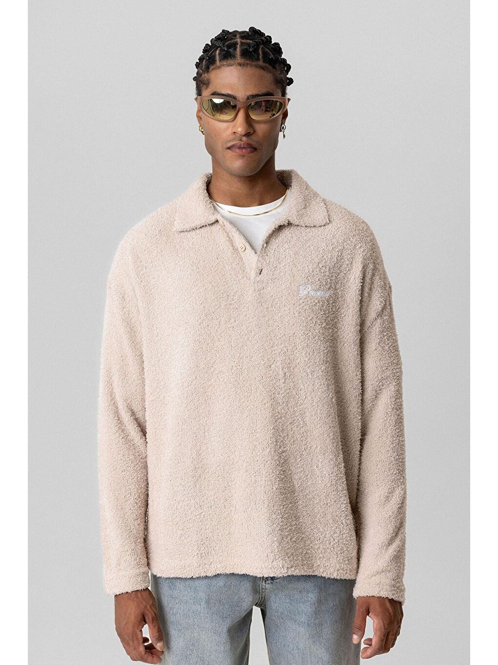 Bej Yazı Detaylı Oversize Sweatshirt Taş-7