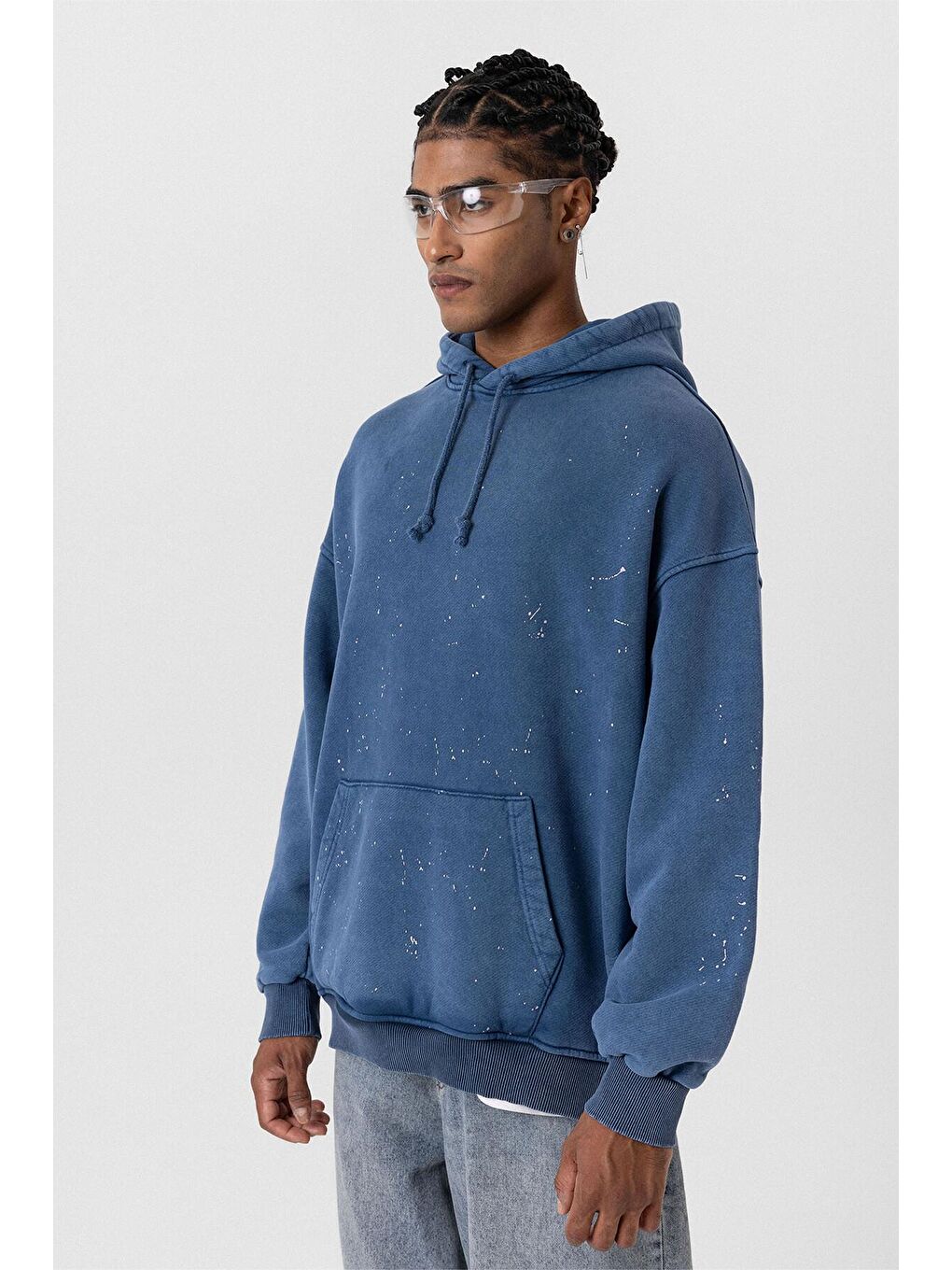 Yıkamalı Kapüşonlu Oversıze Erkek Hoodie Koyu İndigo-4