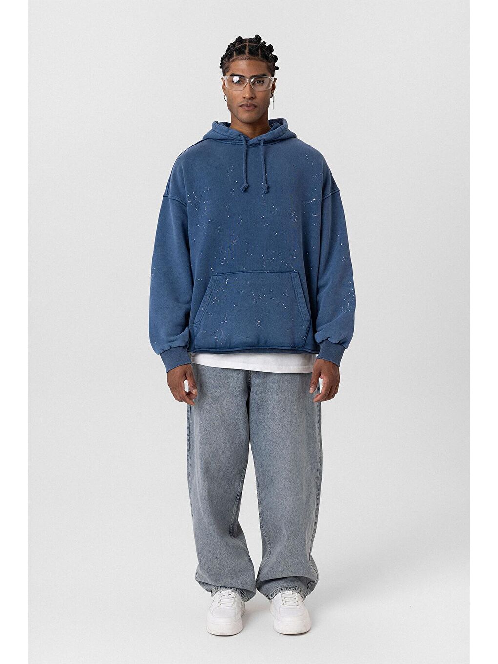 Yıkamalı Kapüşonlu Oversıze Erkek Hoodie Koyu İndigo-5