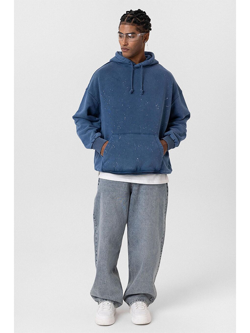 Yıkamalı Kapüşonlu Oversıze Erkek Hoodie Koyu İndigo-7