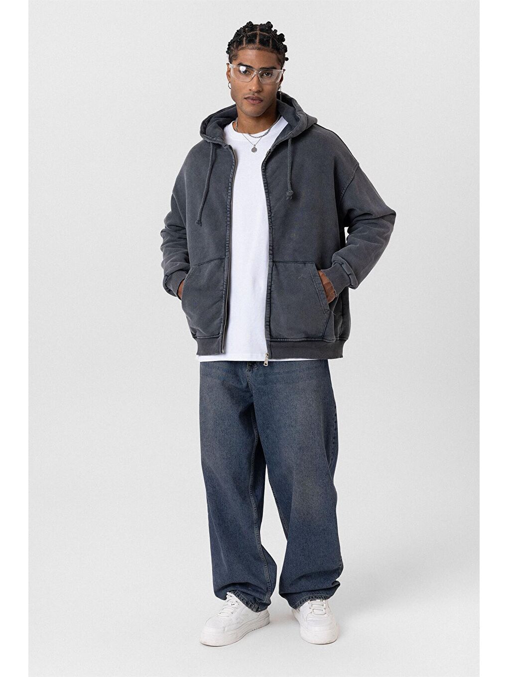 Yıkamalı  Oversize Erkek Fermuarlı Sweatshirt Hırka Siyah-5