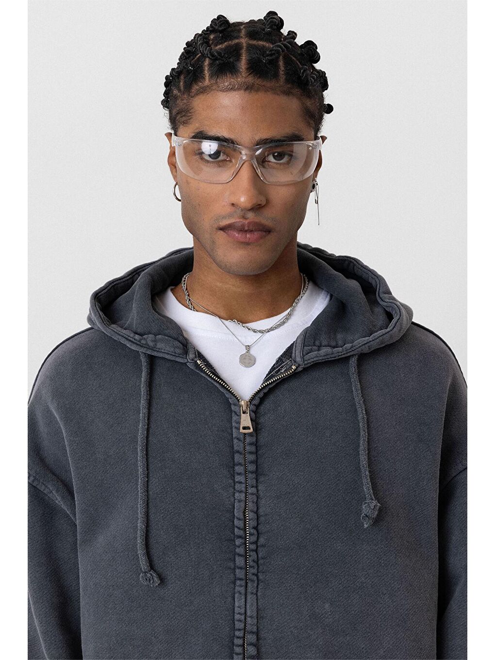 Yıkamalı  Oversize Erkek Fermuarlı Sweatshirt Hırka Siyah-7