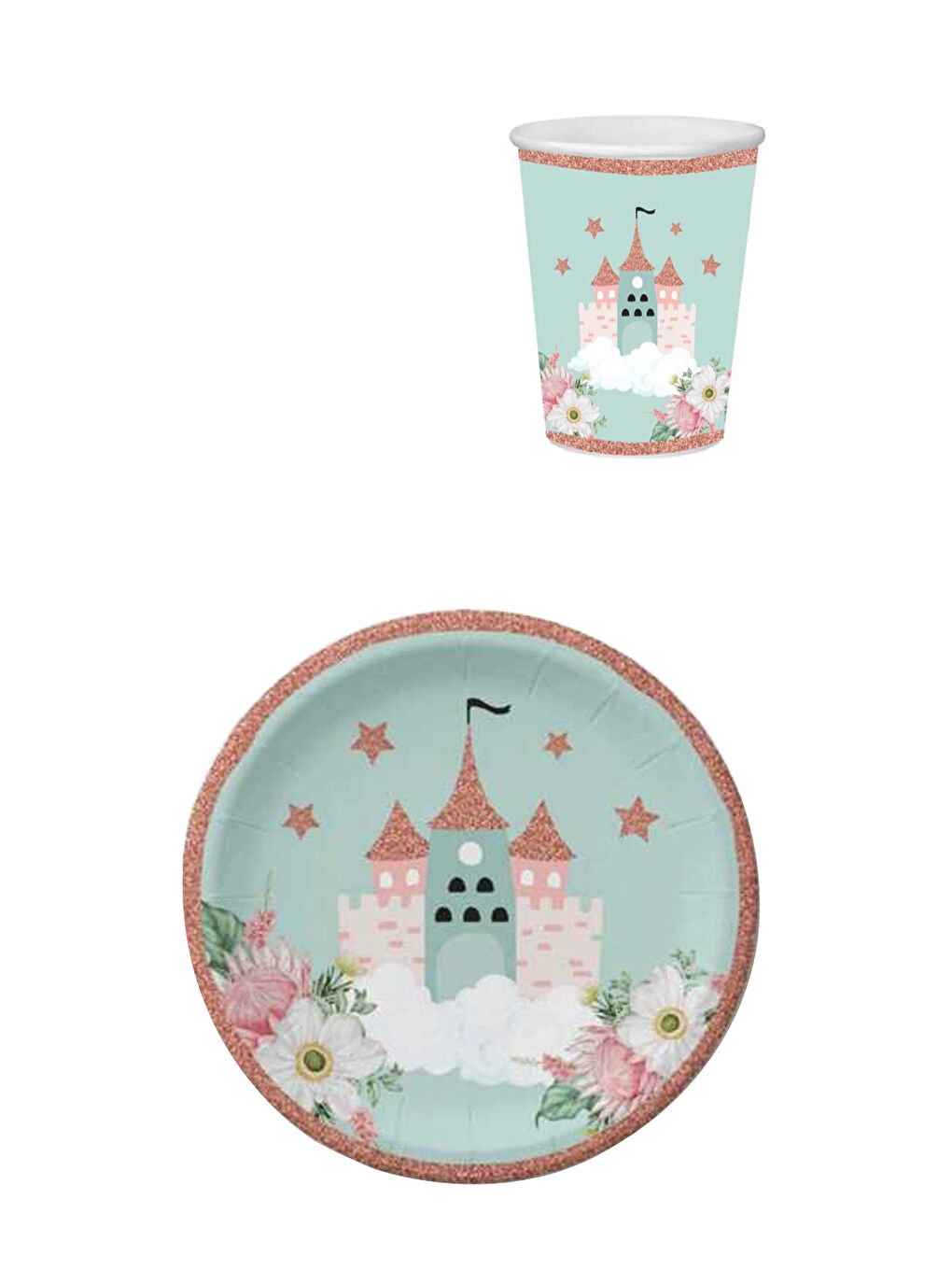 Yeşil Mint Şato Baskılı 8'li Tabak Bardak Set