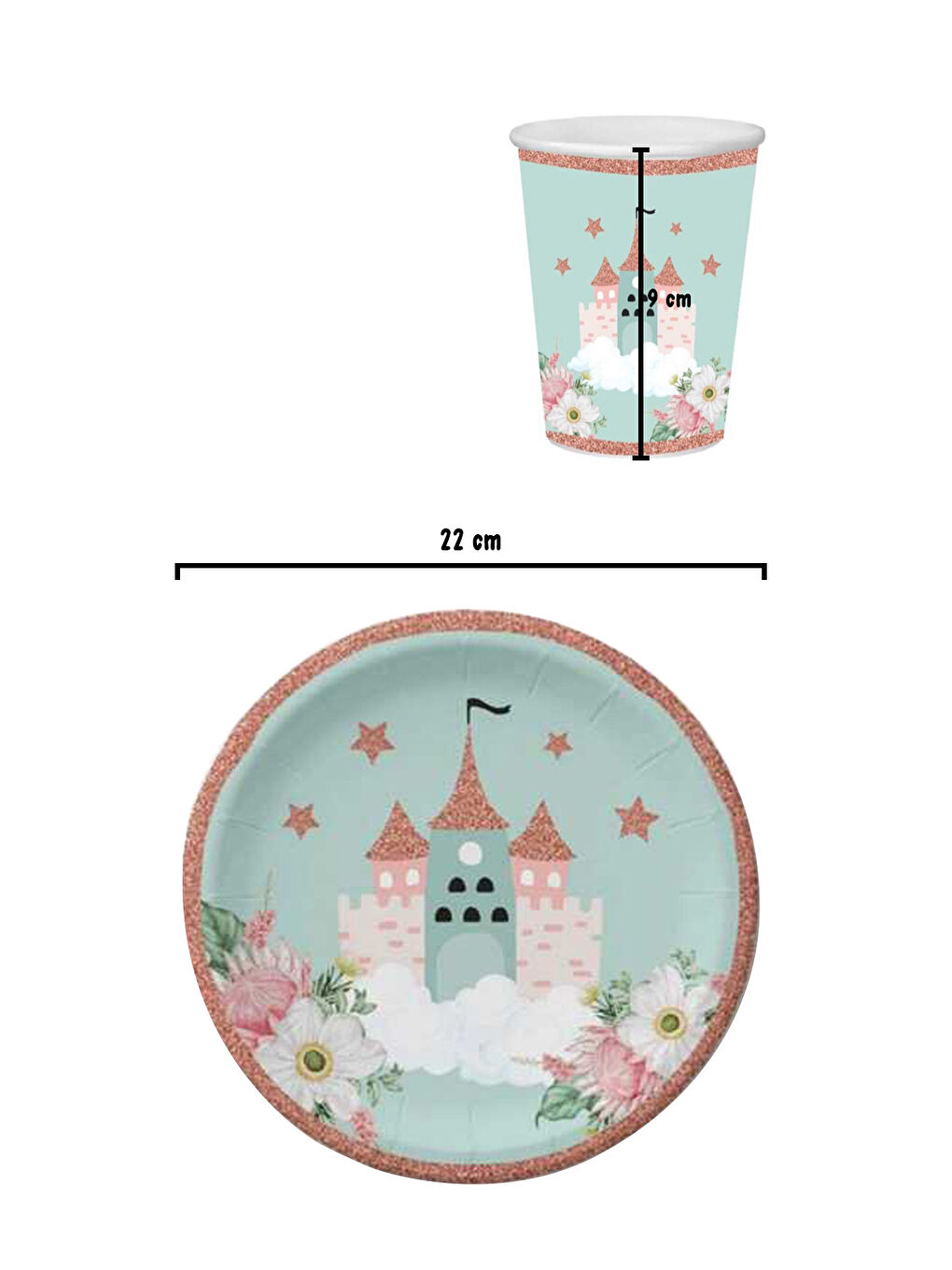 Yeşil Mint Şato Baskılı 8'li Tabak Bardak Set-1