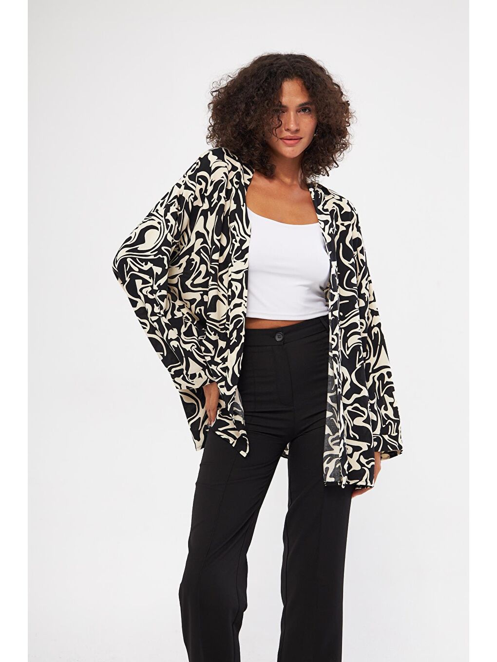 Siyah Uzun Kollu Kadın Kimona Tunık