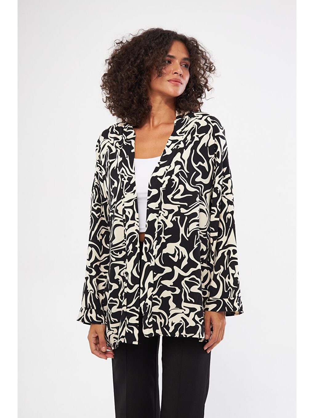 Siyah Uzun Kollu Kadın Kimona Tunık-2