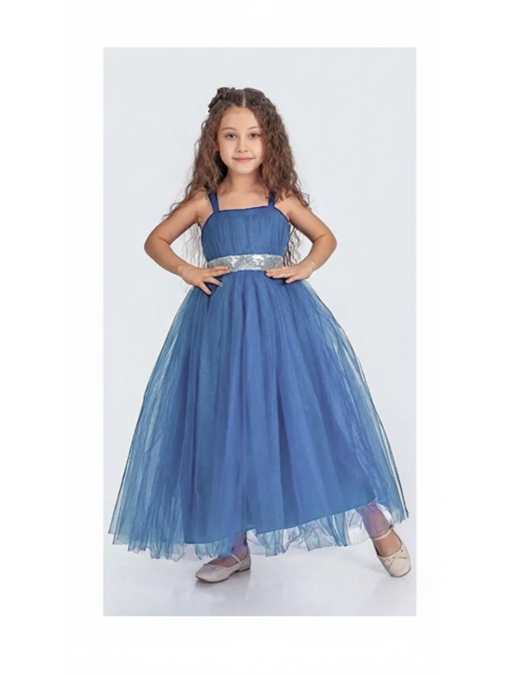 İndigo Sırt Gipeli Tütü Etek Kız Çocuk Saten Parti Abiye Elbise MNK0340
