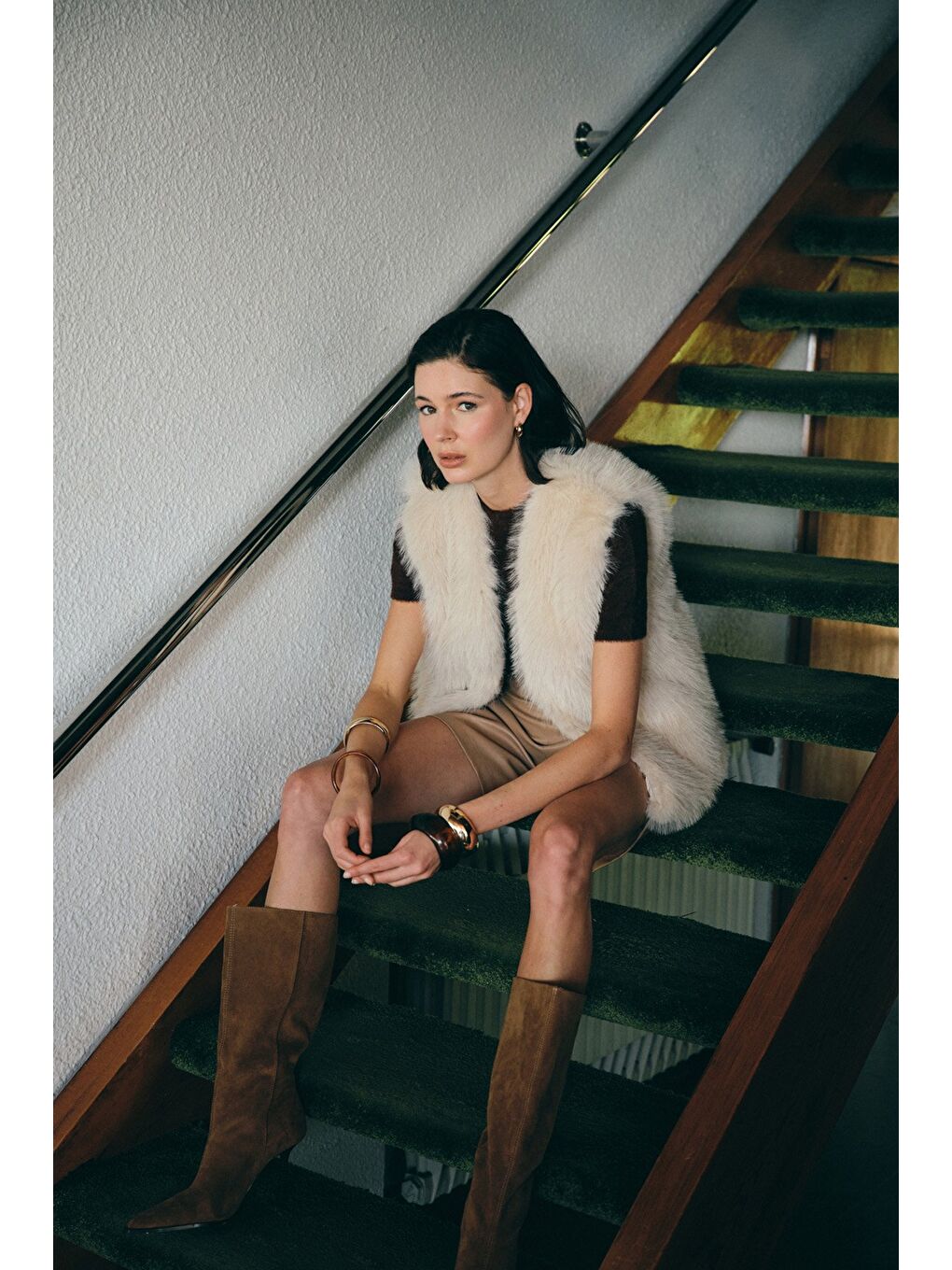 Kolsuz Uzun Yelek - Ekru-1